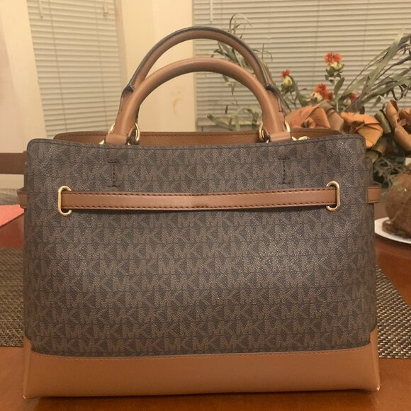 Michael Korse Reed Large Leather Belted Satchel Crossbody Brown - Picture 3 of 16